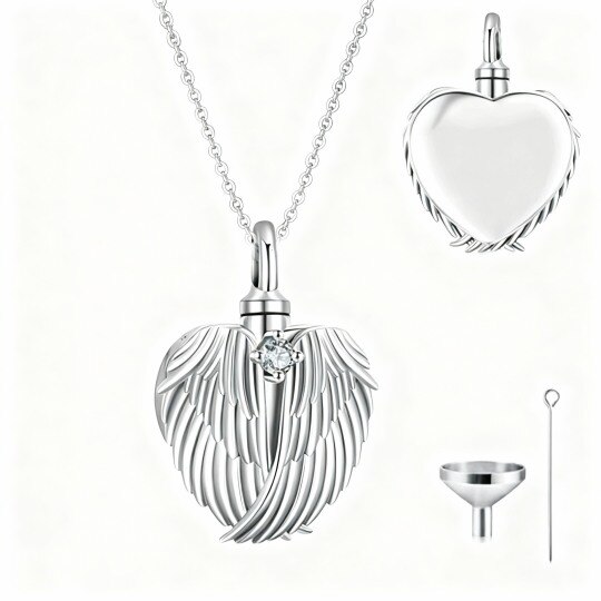 Colar com urna personalizada em ouro branco de 10 quilates com zircónias cúbicas de corte redondo, pedra de nascimento, asa de anjo e coração para cinzas.