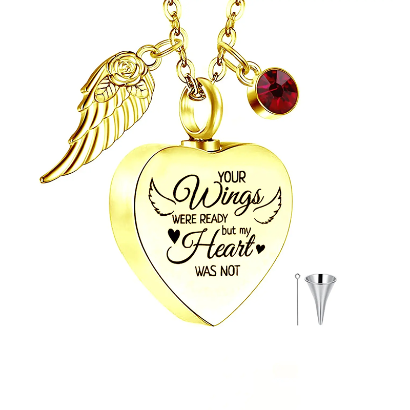 Collier urne funéraire en or rose 14 carats avec zircon cubique rond, pierre de naissance personnalisée, aile d'ange et cœur, et inscription gravée.-2