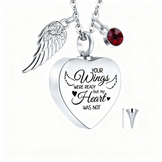 Colar com urna personalizada em ouro branco 10K com zircónias cúbicas de corte redondo, pedra de nascimento, asa de anjo e coração, para cinzas, com gravação.