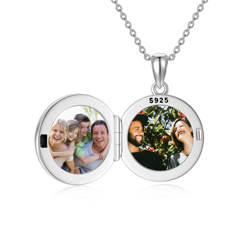 Collar con colgante personalizado de plata de ley con colgante de loto, circonita redonda y piedra natal, con foto y palabra grabada.-6