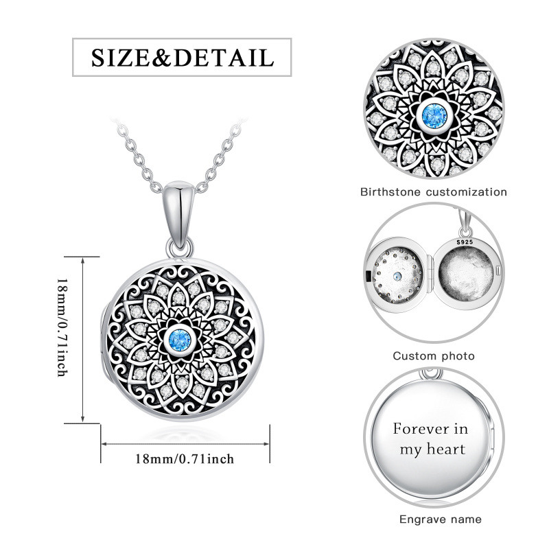 Collar con colgante personalizado de plata de ley con colgante de loto, circonita redonda y piedra natal, con foto y palabra grabada.-7