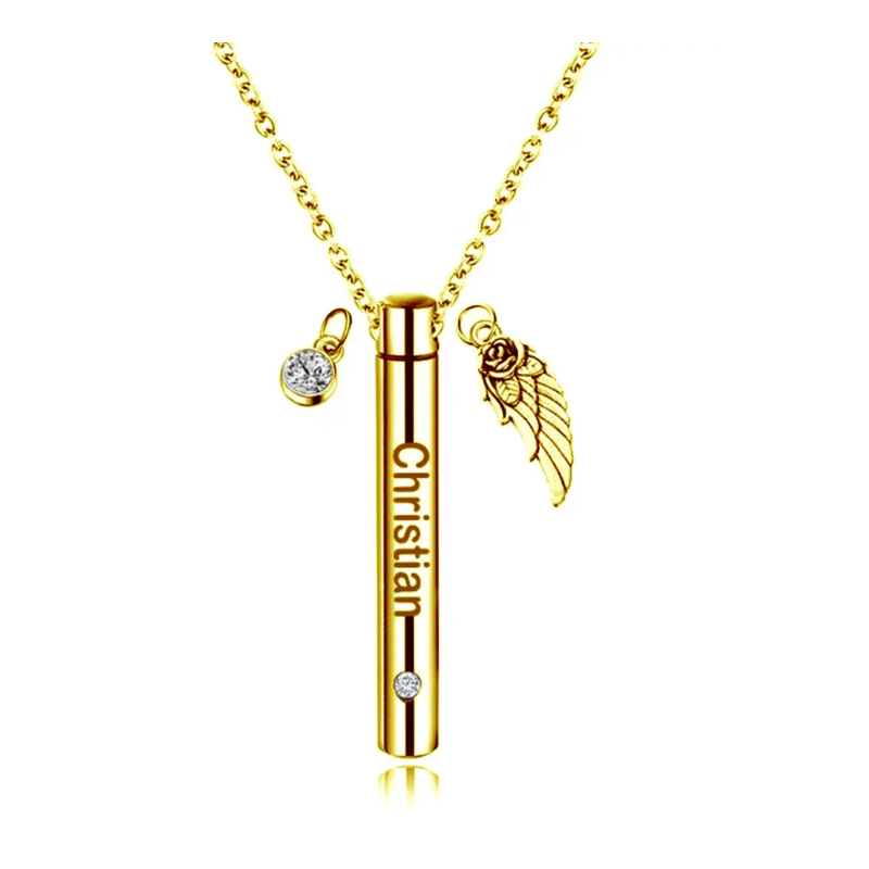 Collier urne funéraire en or rose 14 carats avec zircon cubique rond, pierre de naissance personnalisée, nom classique personnalisé et aile d'ange-2