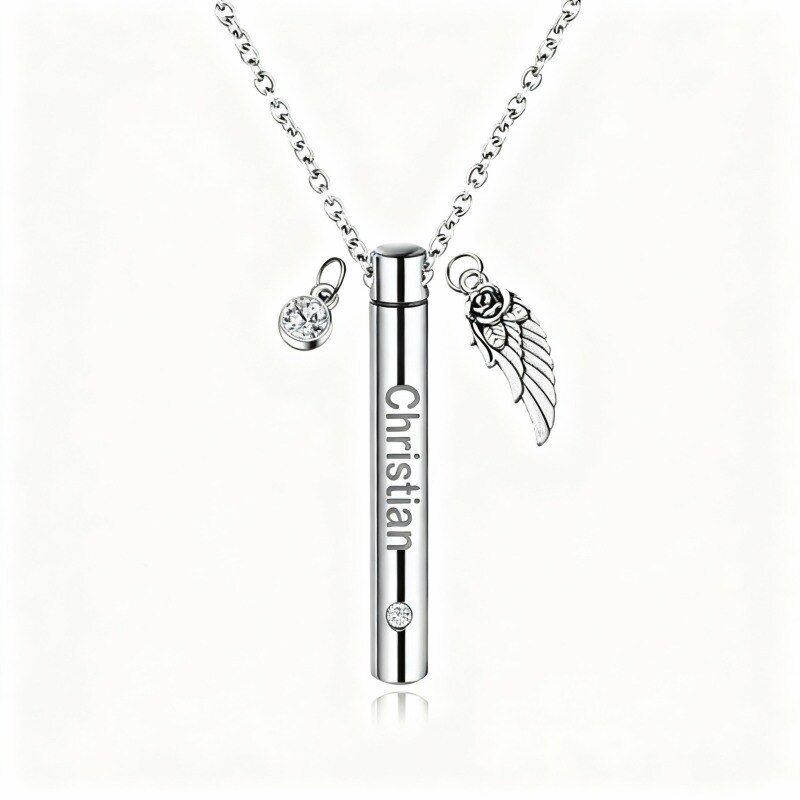 Collier urne funéraire en or blanc 18 carats avec zircon cubique rond, pierre de naissance personnalisée, nom classique personnalisé et aile d'ange-1