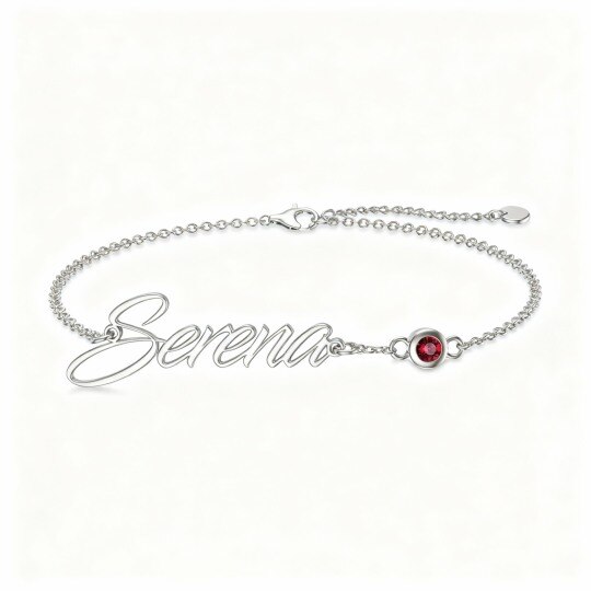 Pulseira personalizada com pendente de pedra de nascimento e nome clássico em ouro branco de 10 quilates com zircónia cúbica de corte redondo.