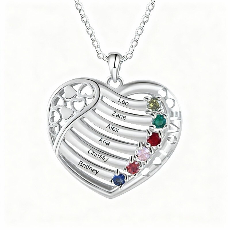 Collier pendentif personnalisé en platine plaqué or blanc avec zircon cubique rond, pierre de naissance, prénom classique et cœur.-1