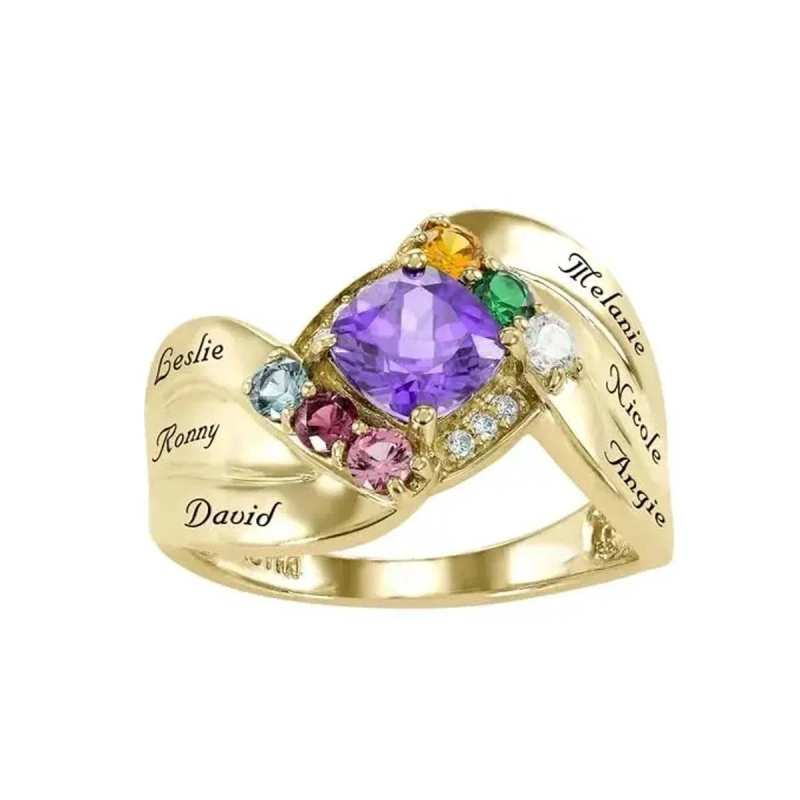 14K Gold Cushion Cut Personalised Birthstone Custom Name Ring For Women-3