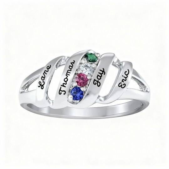 Anillo de oro blanco de 10 quilates con circonita cúbica de talla redonda, piedra natal personalizada y grabado personalizado