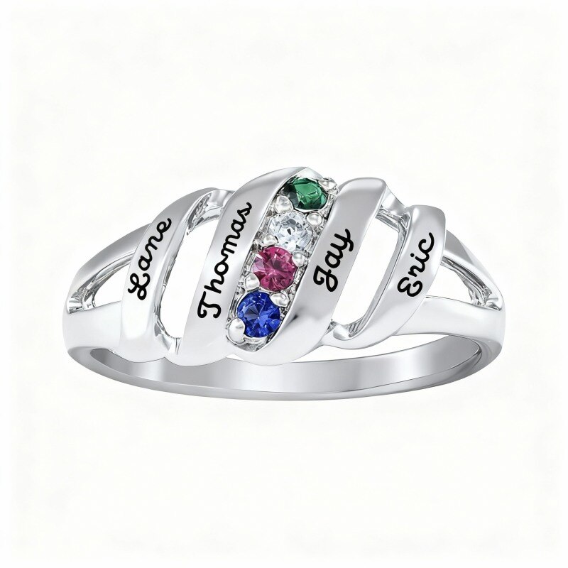 10K White Gold Round Cut Cubic Zirconia Personalized Birthstone & Personalized Engraving Birthstone Ring-13
