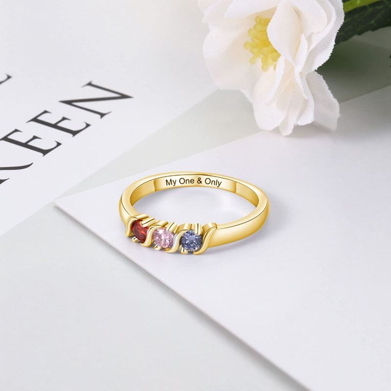 Platinum with White Gold Plated Round Cut Cubic Zirconia Personalized Birthstone & Personalized Engraving Birthstone Ring-4