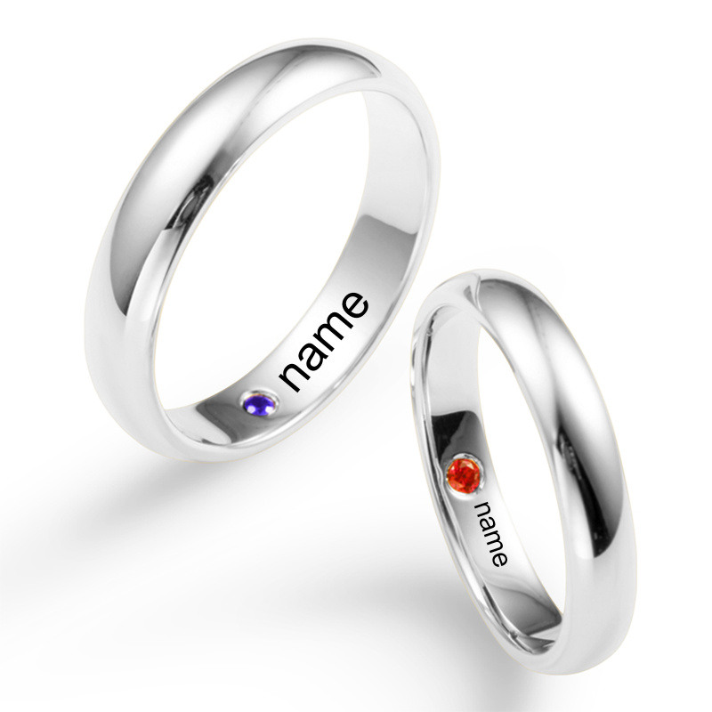 Anillos de pareja personalizados con grabado de piedra natal en oro rosa de 18 quilates con circonitas cúbicas-8