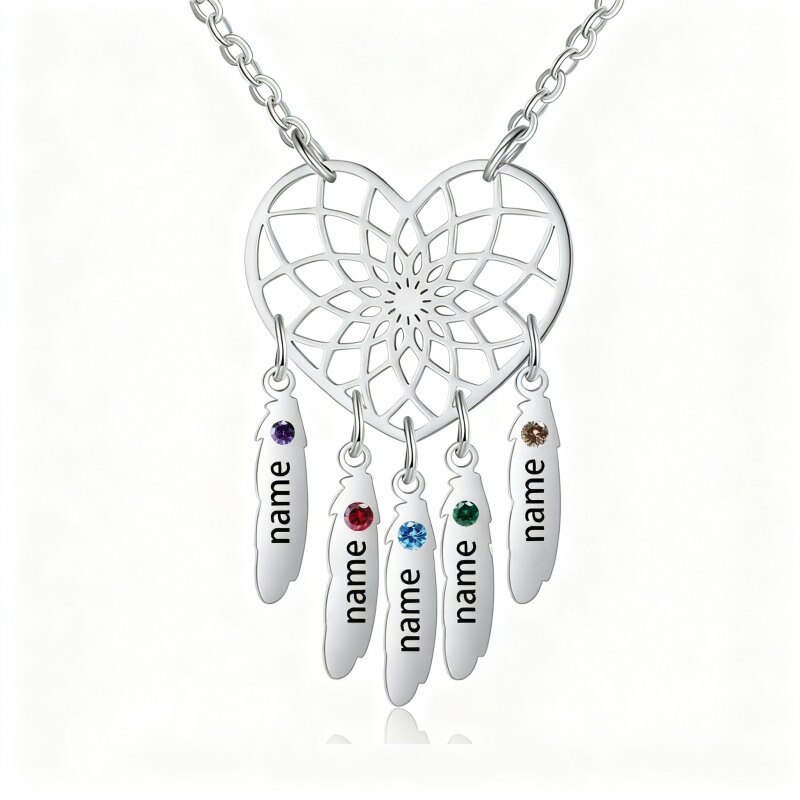 Collar con colgante de atrapasueños y corazón en oro blanco de 9 quilates con circonita cúbica de corte redondo, piedra de nacimiento personalizada y grabado personalizado.-1