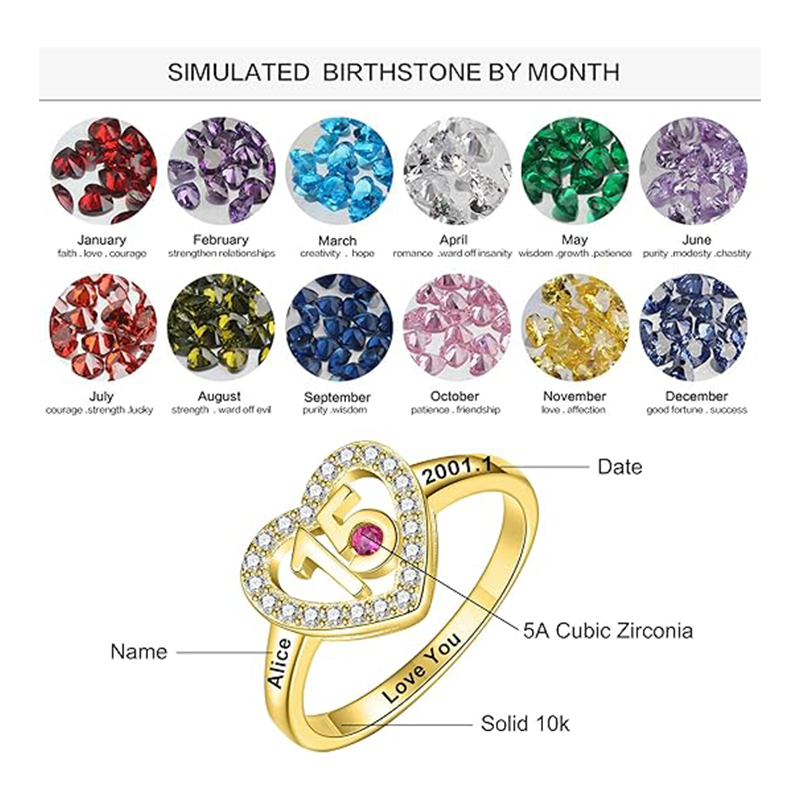 14K Rose Gold Round Cut Cubic Zirconia Personalized Birthstone & Personalized Engraving & Heart Wedding Ring-2