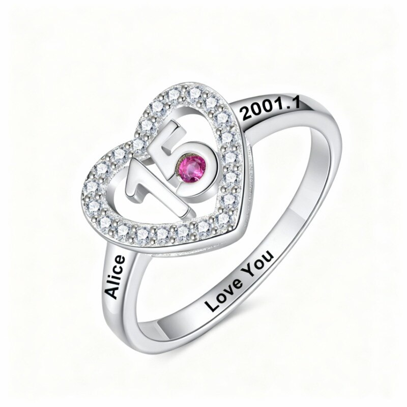 10K White Gold Round Cut Cubic Zirconia Personalized Birthstone & Personalized Engraving & Heart Wedding Ring-18