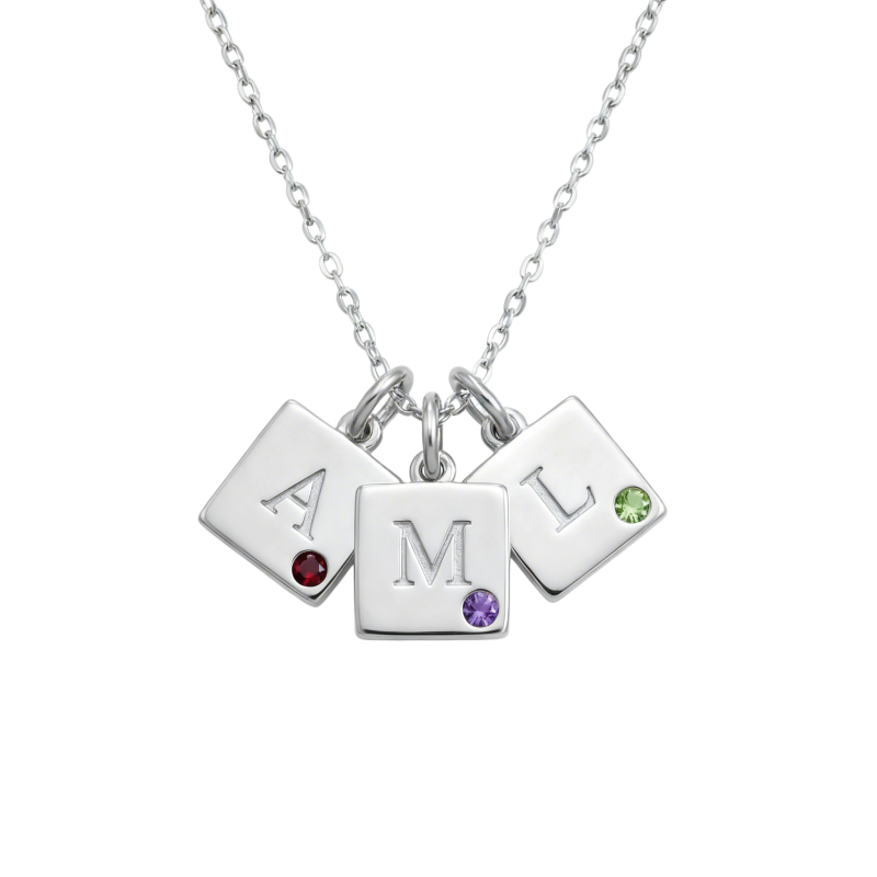Collar con colgante de oro blanco de 10 quilates con circonita cúbica redonda, piedra de nacimiento personalizada y grabado personalizado.-1
