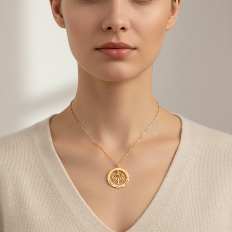 18K White Gold Round Cut Cubic Zirconia & Personalized Birthstone Tree Of Life & Engravable Pendant Necklace-2