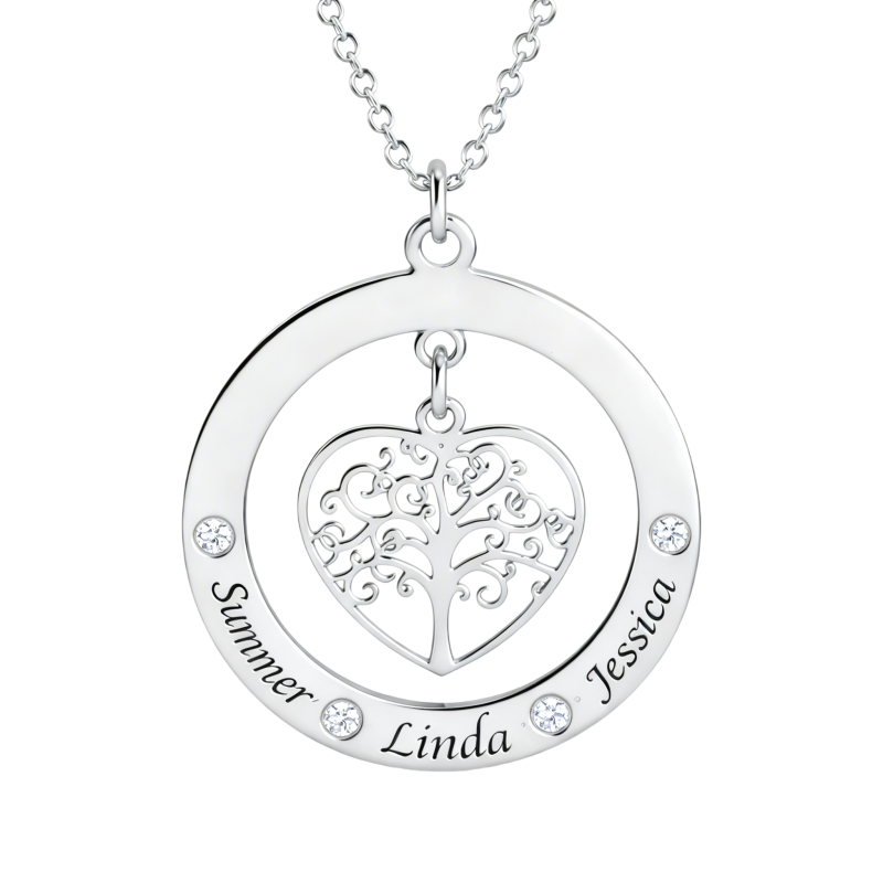 18K White Gold Round Cut Cubic Zirconia & Personalized Birthstone Tree Of Life & Engravable Pendant Necklace-1
