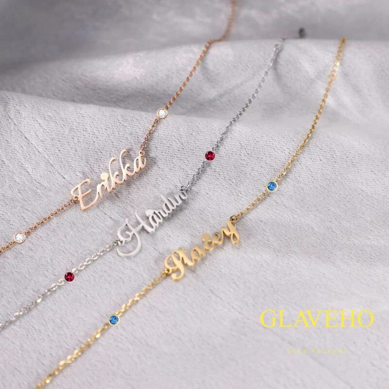 Pulsera clásica personalizada con dije de nombre en oro rosa de 14 quilates con circonita cúbica circular-2