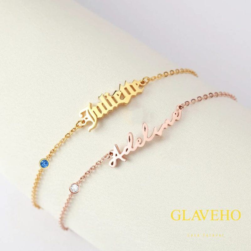 Pulsera clásica personalizada con dije de nombre en oro rosa de 14 quilates con circonita cúbica circular-4