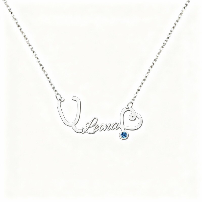Collar con colgante de nombre clásico personalizado en oro blanco de 10 quilates con circonita cúbica de corte redondo-8