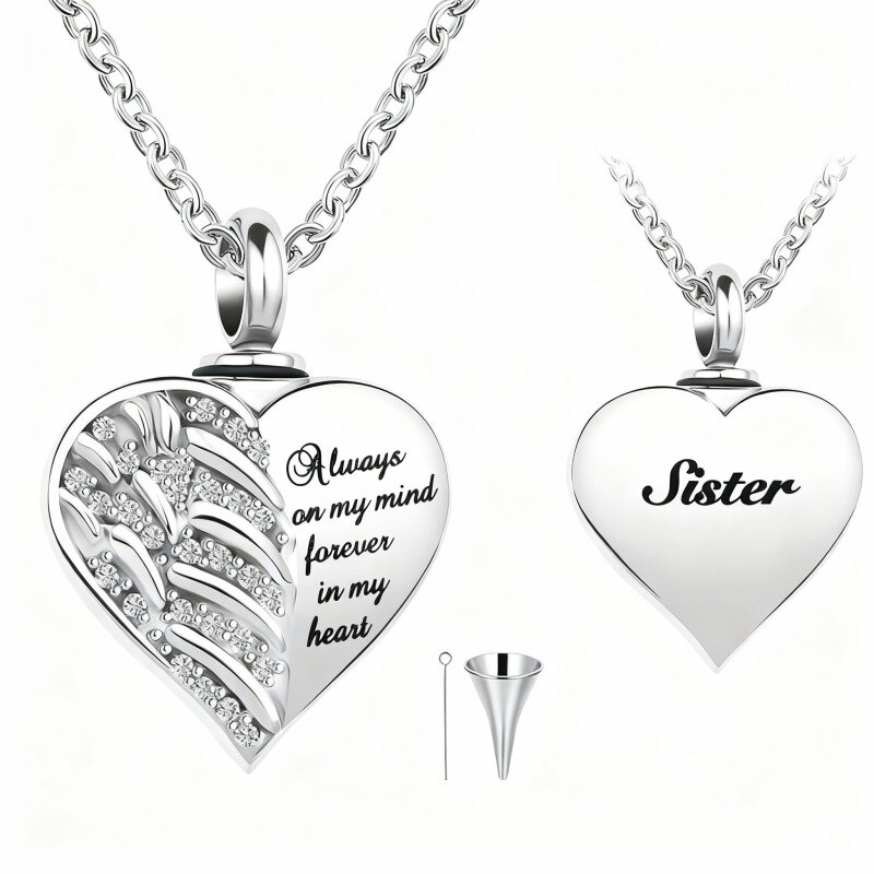 10K White Gold Round Cut Cubic Zirconia Personalized Engraving & Angel Wing & Heart Urn Necklace for Ashes-4