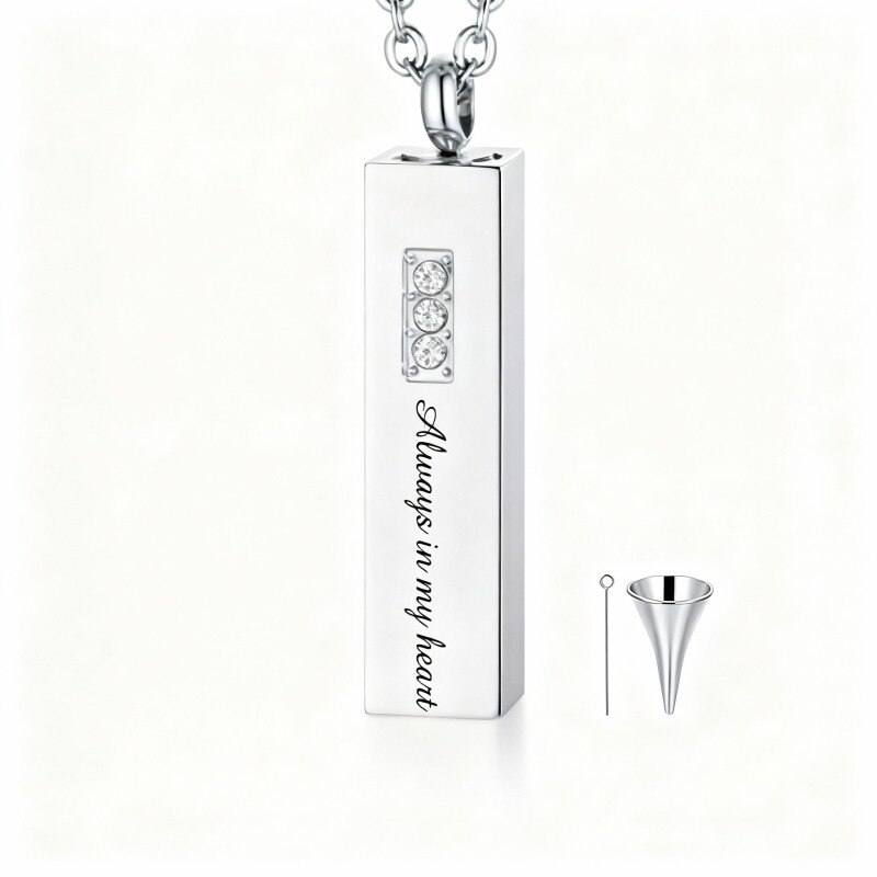 10K White Gold Round Cut Cubic Zirconia Personalized Engraving & Bar Urn Necklace for Ashes-17