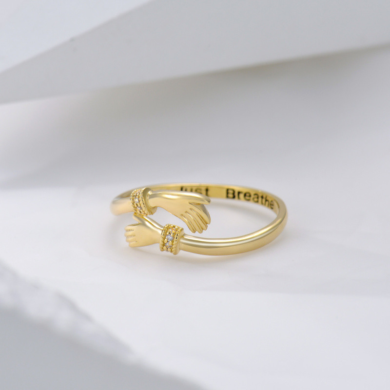 10K White Gold Round Cut Cubic Zirconia Personalized Engraving & Hug Open Ring-3