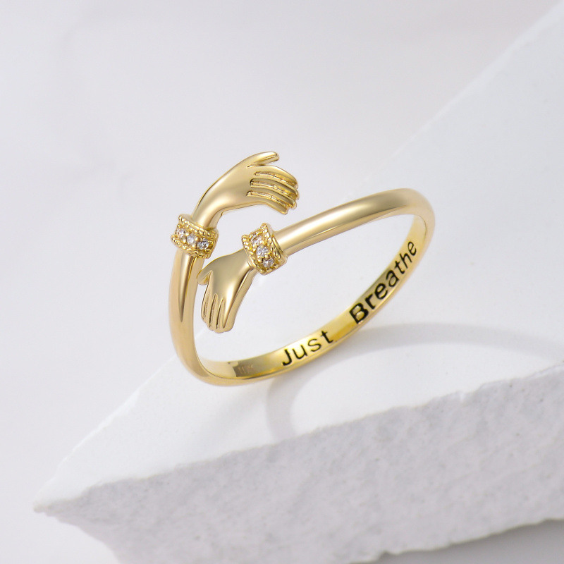 10K White Gold Round Cut Cubic Zirconia Personalized Engraving & Hug Open Ring-4