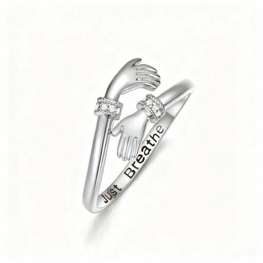 Bague ouverte en or blanc 10 carats avec zircon cubique taille ronde et gravure personnalisée.
