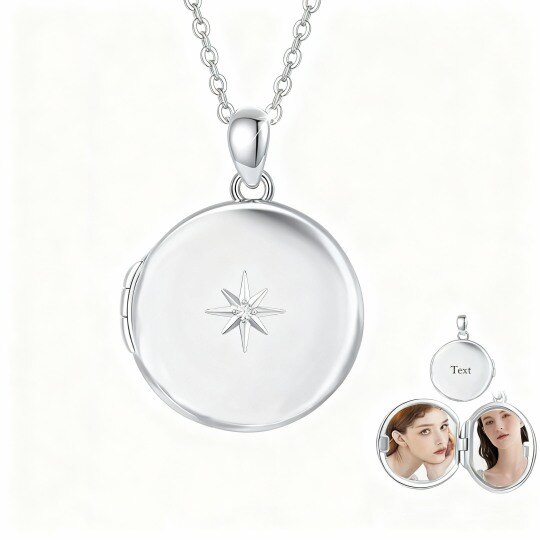 Collar con medallón personalizado con foto, grabado y circonita cúbica de corte redondo en oro blanco de 10 quilates.