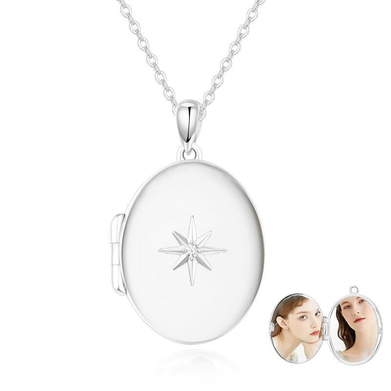 14K Rose Gold Round Cut Cubic Zirconia Personalized Engraving & Personalized Photo & Star Personalized Photo Locket Necklace-2