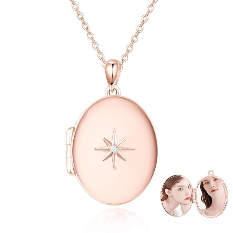 14K Rose Gold Round Cut Cubic Zirconia Personalized Engraving & Personalized Photo & Star Personalized Photo Locket Necklace-3