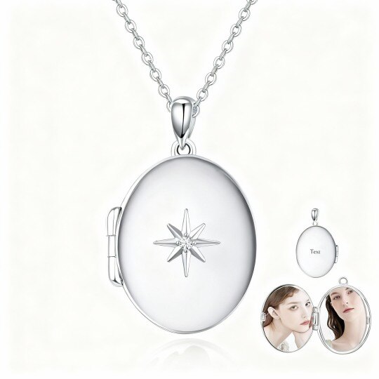 Collar con medallón personalizado de oro blanco de 10 quilates con circonita cúbica de talla redonda, grabado personalizado, foto personalizada y estrella.