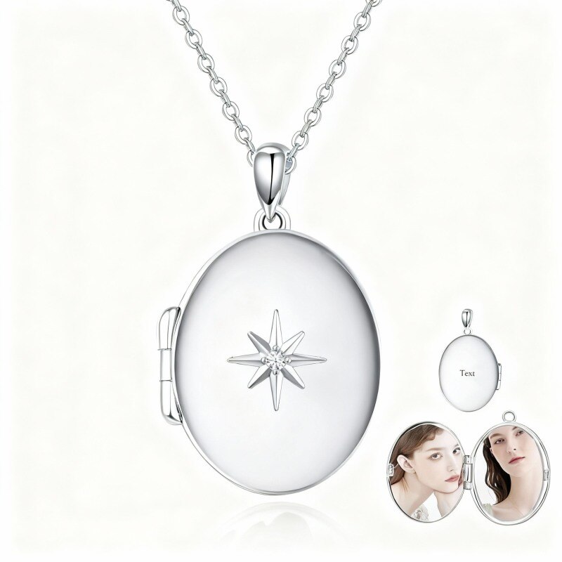 Platinum with White Gold Plated Round Cut Cubic Zirconia Personalized Engraving & Personalized Photo & Star Personalized Photo Locket Necklace-1