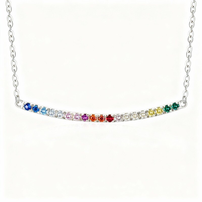 Collar con barra de arcoíris de circonita cúbica de corte redondo en oro blanco de 10 quilates-1