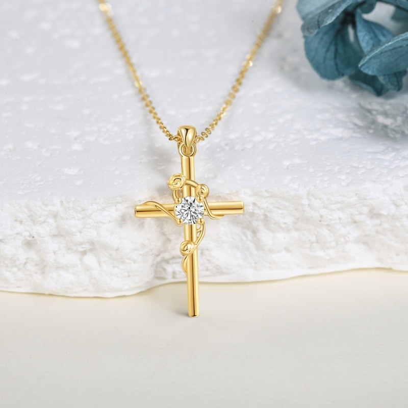 14K White Gold Round Cut Cubic Zirconia Rose & Cross Pendant Necklace-3