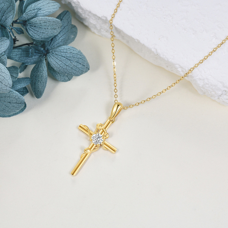 14K White Gold Round Cut Cubic Zirconia Rose & Cross Pendant Necklace-4