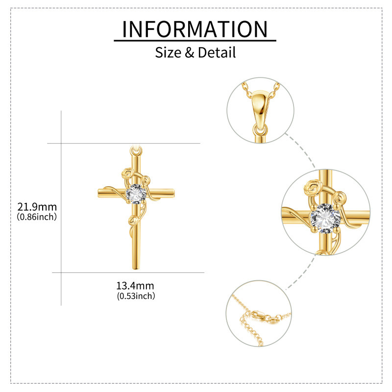 14K White Gold Round Cut Cubic Zirconia Rose & Cross Pendant Necklace-5