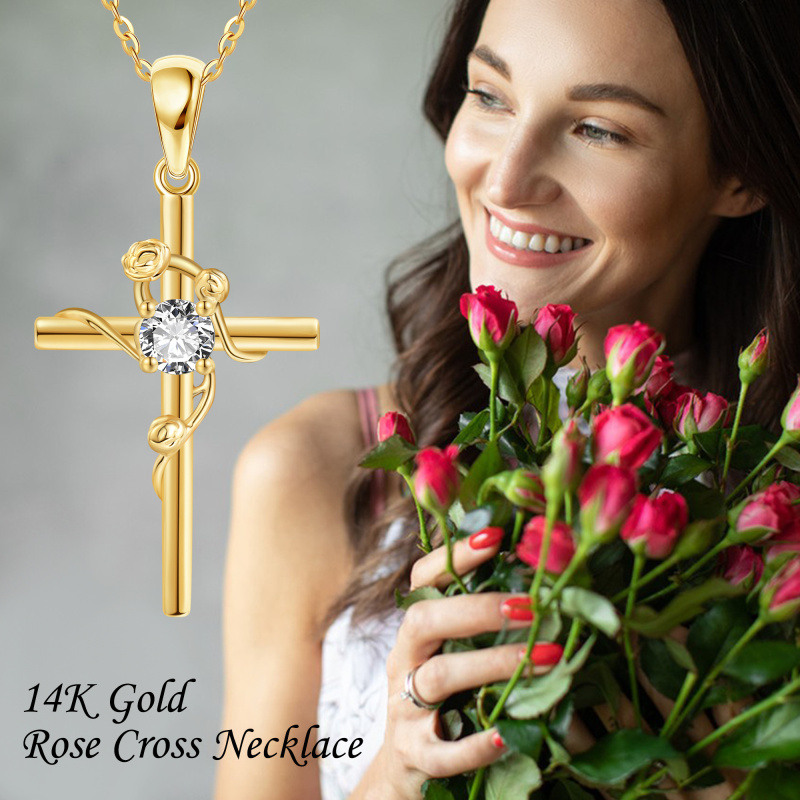 14K White Gold Round Cut Cubic Zirconia Rose & Cross Pendant Necklace-6