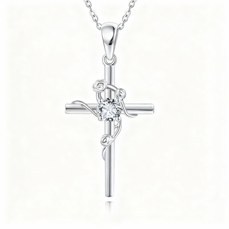14K White Gold Round Cut Cubic Zirconia Rose & Cross Pendant Necklace-1