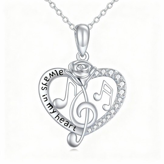 Collar con colgante de oro blanco de 10 quilates con circonita cúbica de talla redonda en forma de rosa, corazón y símbolo musical, con palabra grabada.