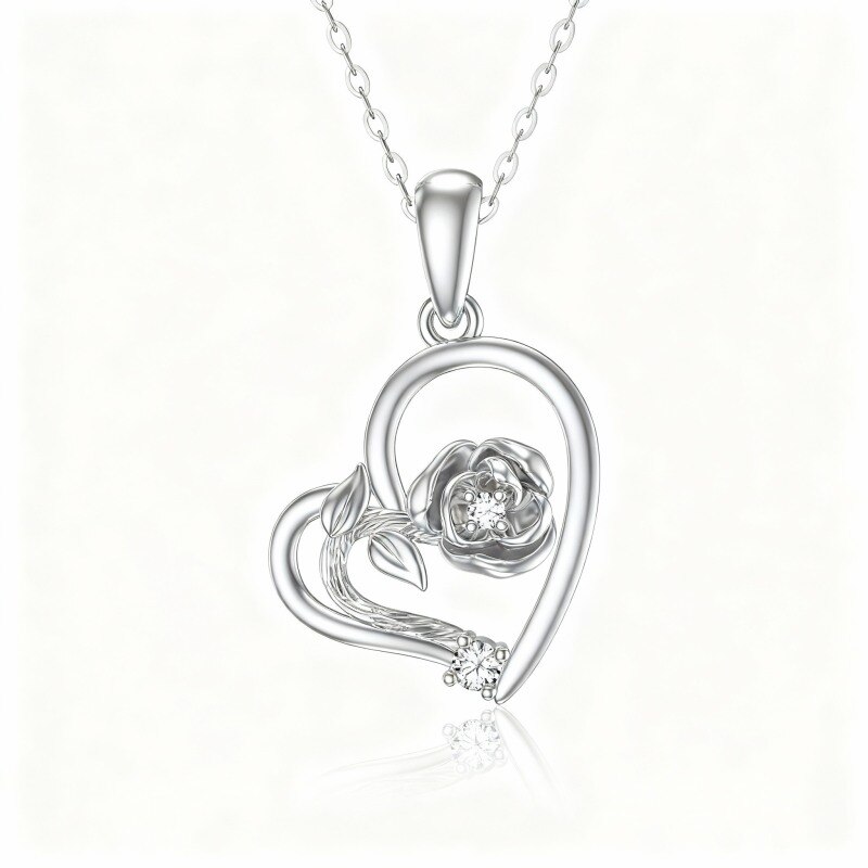 Collar con colgante de rosa y corazón de circonita cúbica de talla redonda en oro blanco de 18 quilates-1