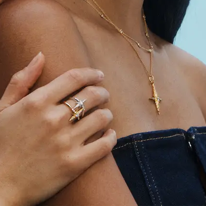 Anillo de estrella de circonita cúbica de oro de 18 quilates para mujer-2