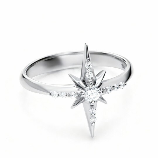 Anillo de estrella de oro blanco de 10 quilates con circonita cúbica de corte redondo