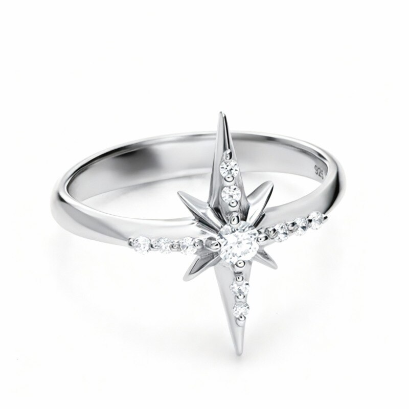 Bague étoile en or blanc 10 carats et zircon cubique taille ronde-12