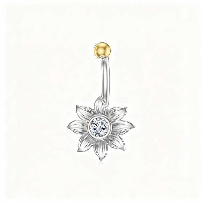 Piercing para el ombligo de girasol con circonita cúbica de corte redondo en oro blanco de 10 quilates-12