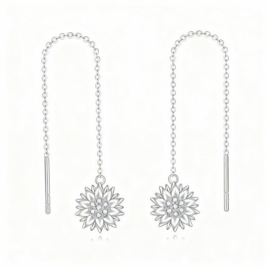 Boucles d'oreilles pendantes en or blanc 10 carats avec zircon cubique rond en forme de tournesol