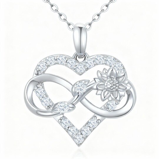 Collier pendentif en or blanc 10 carats avec zircon cubique rond, tournesol, cœur et symbole de l'infini