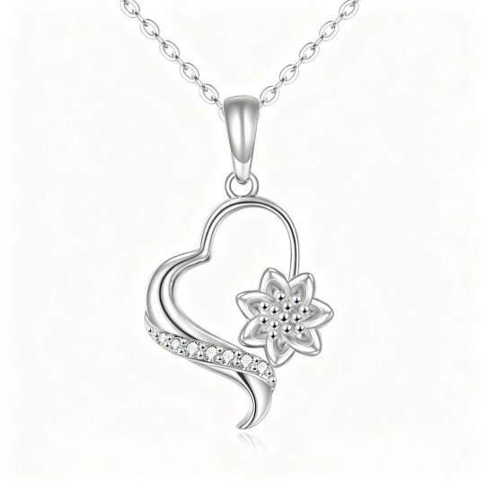 10K White Gold Round Cut Cubic Zirconia Sunflower & Heart Pendant Necklace
