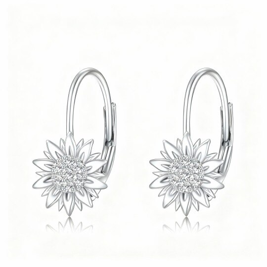 Boucles d'oreilles à fermoir à levier en or blanc 10 carats avec zircon cubique rond en forme de tournesol