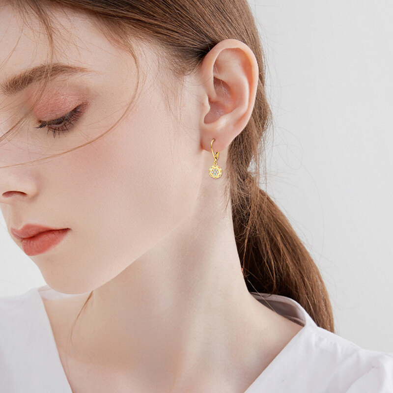 18K Gold Circular Shaped Cubic Zirconia Sunflower Lever-back Earrings-2